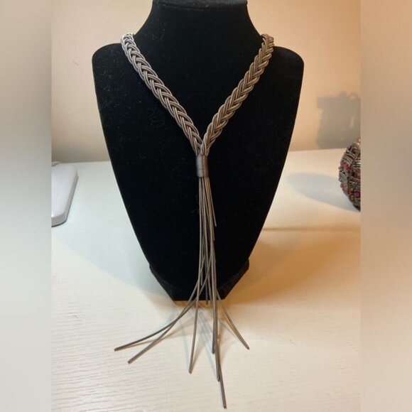 Silver or Dark Gray Braided Necklace with Fringe - Picture 1 of 7